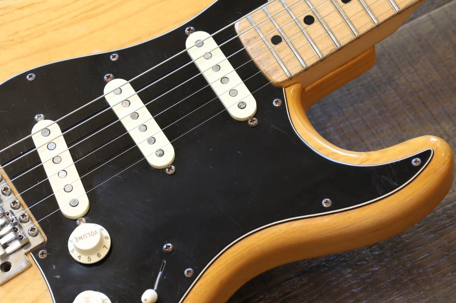 Vintage Fender Stratocaster showing natural maple neck and classic design